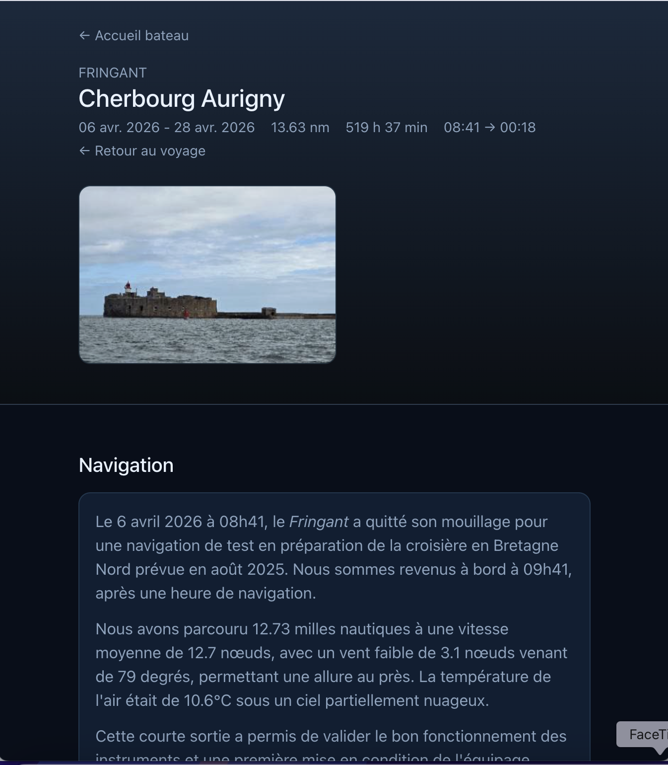 Mini-site public d’une navigation : titre, photo et récit lisible.